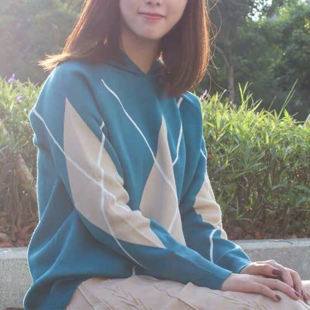 Blue Argyle Hoodie Lightweight Knit Sweater V-Neck Hooded Design Size‎ XS NWT